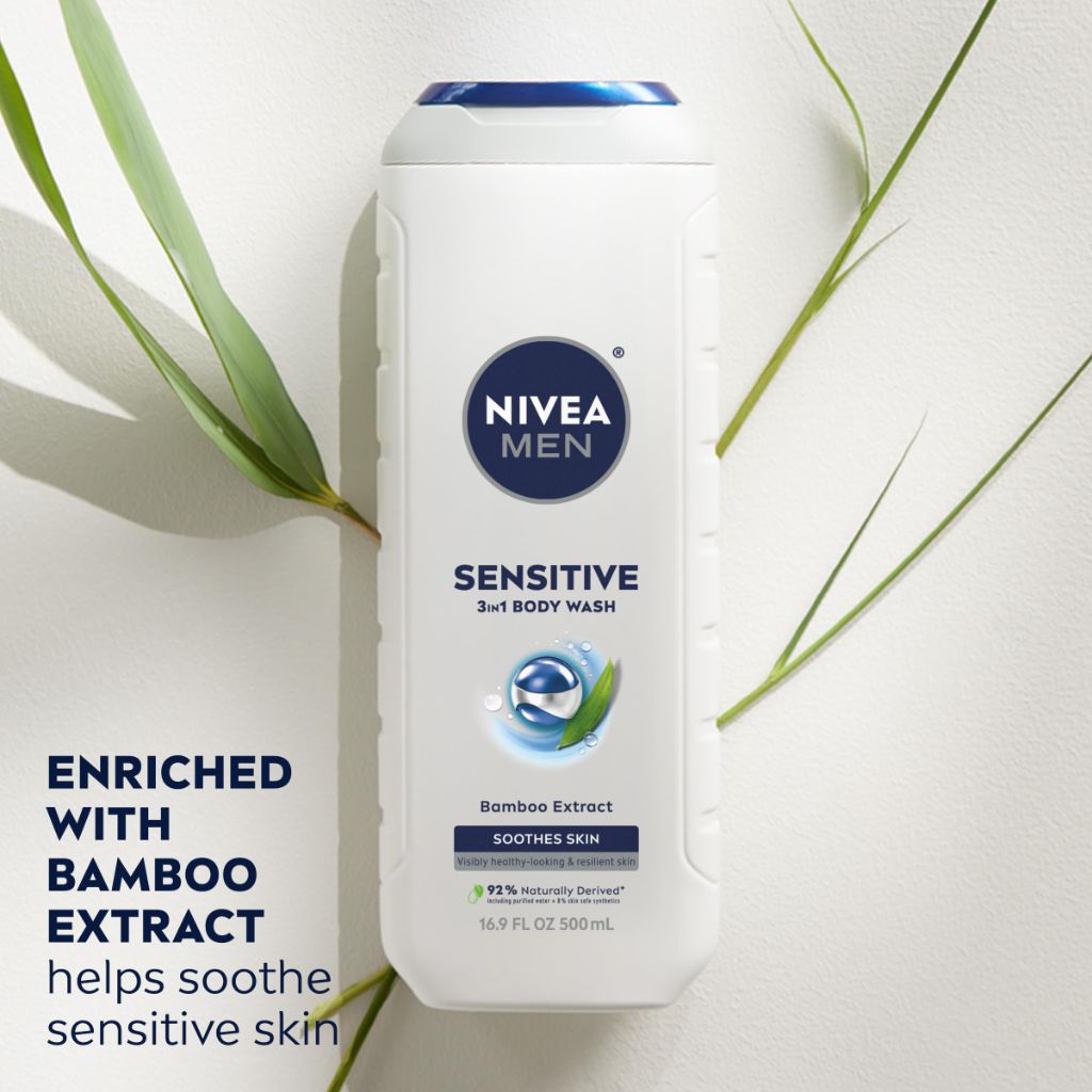 NIVEA MEN Sensitive Body Wash with Bamboo Extract, 16.9 Fl Oz Bottle, Pack of 3