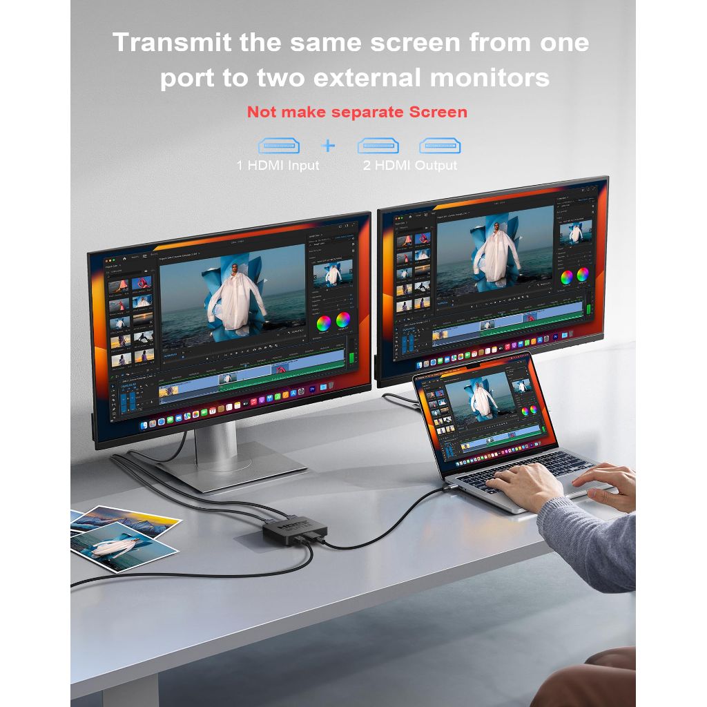 HDMI Splitter 1 in 2 Out, 4K HDMI Splitter Not for Extended Display (Mirror Only/Copy Mode),Sends Same Content to 2 Screens(Need Power 5V 1A), Works with Laptop,TV,Monitor(Hdmi Cable Not Included)
