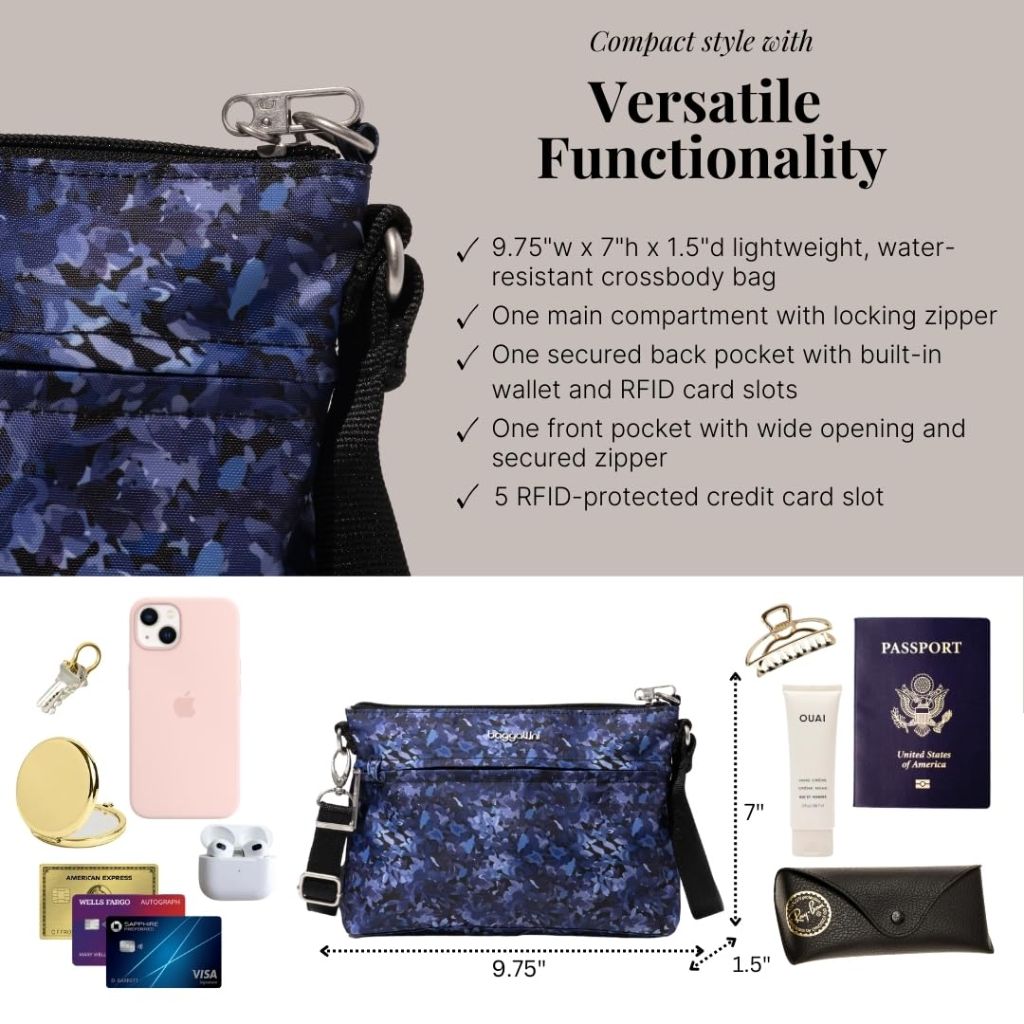 Baggallini Womens Securtex Anti-Theft Memento Crossbody Bag, Indigo Petal