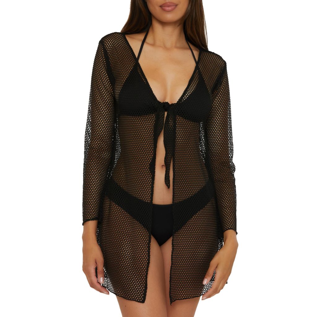 BECCA Mesh Cover - Women's Tunic, Tie Front, Casual, Beach Cover Ups for Women, Black, Medium