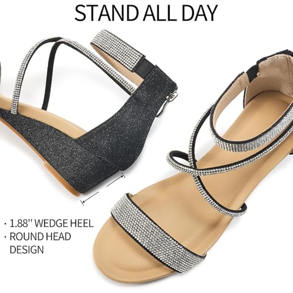 Harence Women's Dressy Wedge Sandals - Black Sparkly, Size 9