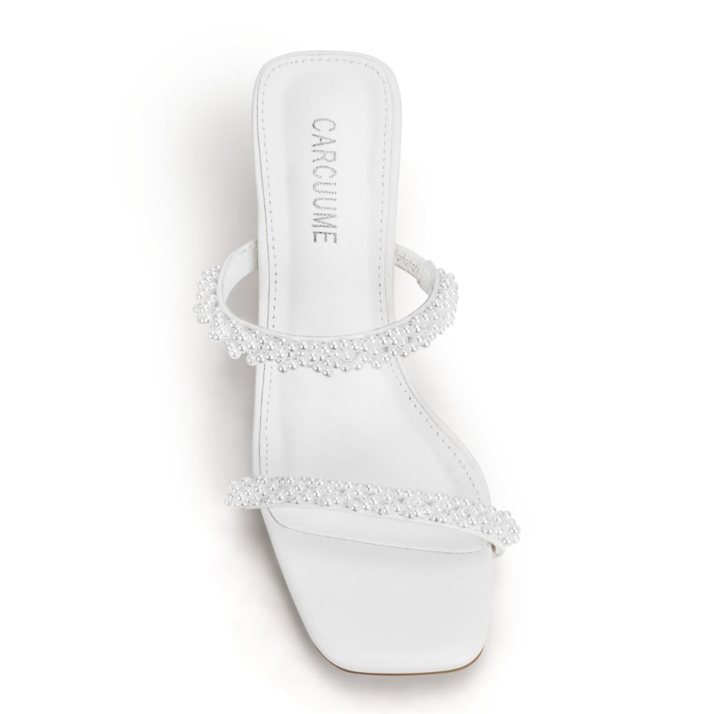 Carcuume Women's Square Toe Two Strap Open Toe Block Heels Sandals Slip On Shoes,(White Pearl Size 7.5)