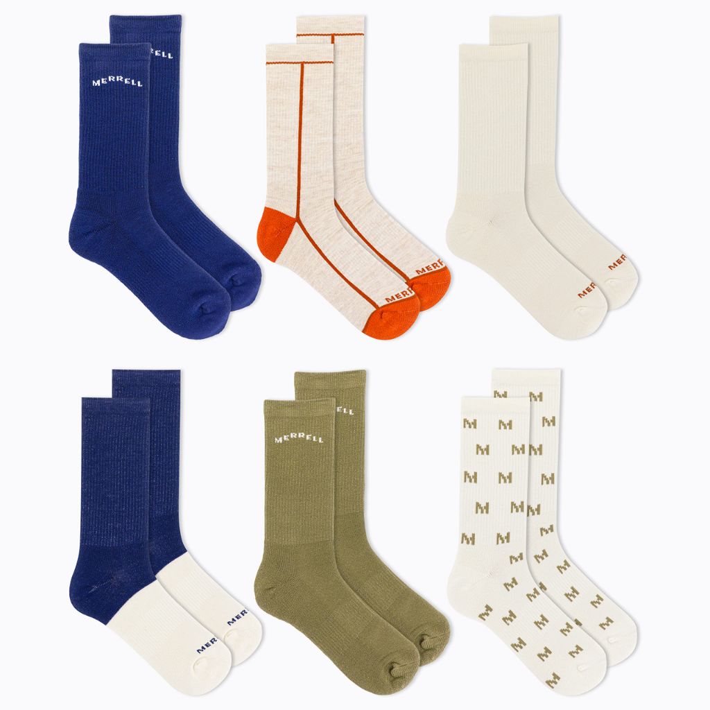 Merrell Unisex-Adult's Cushioned Socks, Crew-Navy Assorted (6 Pairs), S/M
