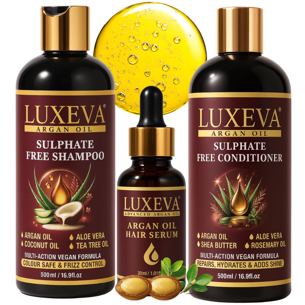 LUXEVA Professional Damage Repair System - 3 in 1 Argan Oil Sulfate Free Shampoo, Conditioner & Repair Serum Set