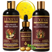 LUXEVA Professional Damage Repair System - 3 in 1 Argan Oil Sulfate Free Shampoo, Conditioner & Repair Serum Set