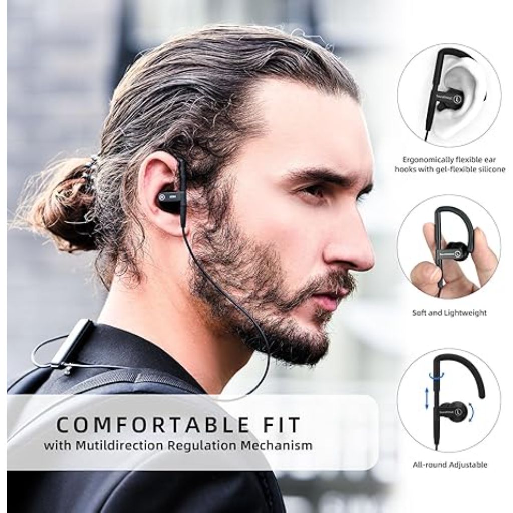 SoundMAGIC ST80 Neckband Bluetooth Earbuds - Waterproof HiFi Stereo Sound Earphones Wired Detachable in Ear Headphones with Adjustable Metal Mechanism Ear Hooks, Black
