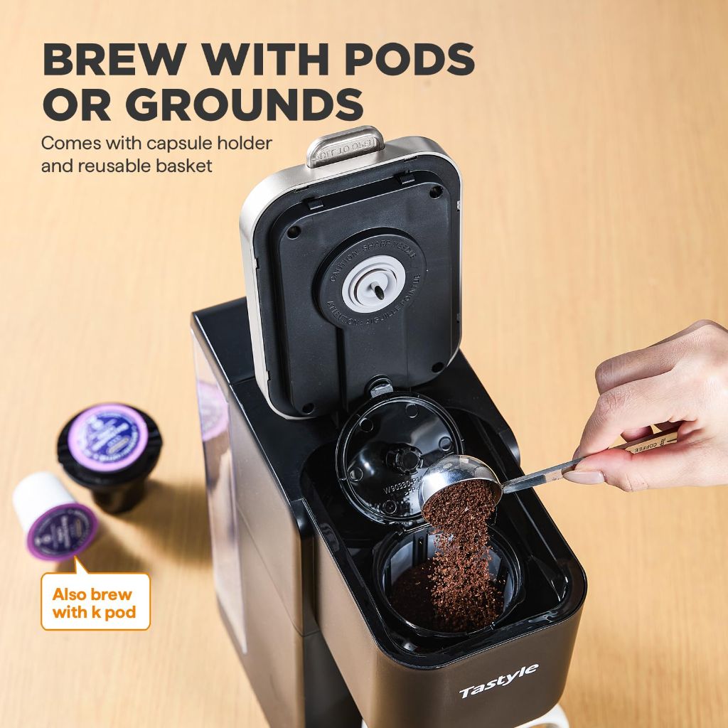 Tastyle Single Serve Coffee Maker, Iced and Hot Coffee Machine for K Cup & Grounds, Black