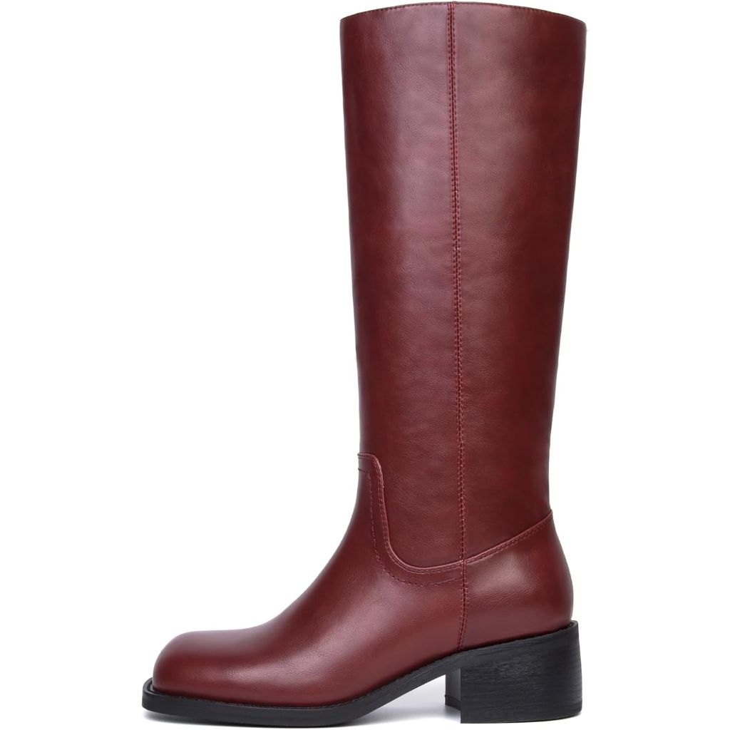 Suiara - Knee High Boots Women Square Toe, Burgundy, 8.5
