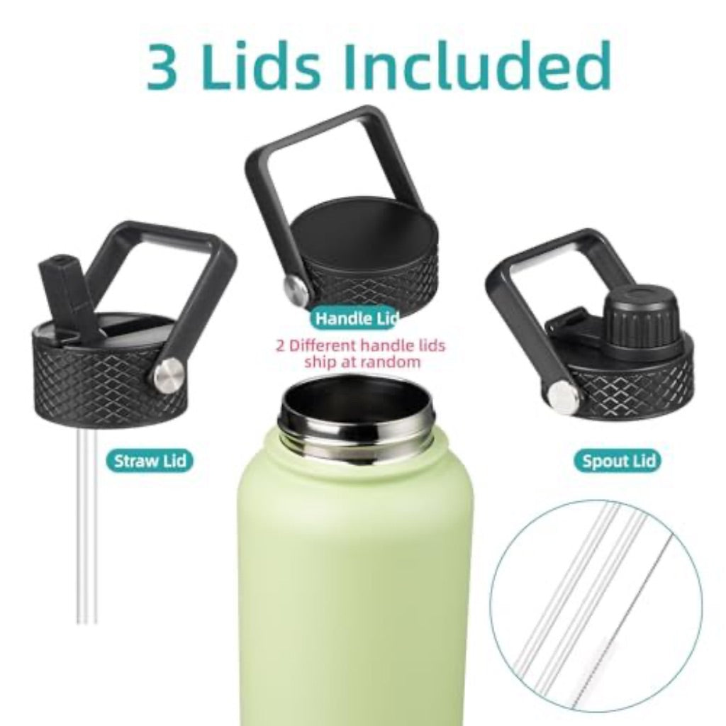 Konokyo 40oz Insulated Water Bottle Sport Stainless Steel Water Bottles with 3 Lids Macaron Green