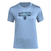 SZ XS, Adidas Women's Sporting Kansas City Local Pop Short Sleeve Pre-game T-shirt, Smoke Blue
