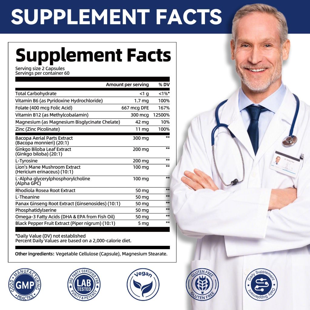 2-Pack Brain Supplements for Memory & Focus – 240 Caps (120/Bottle)