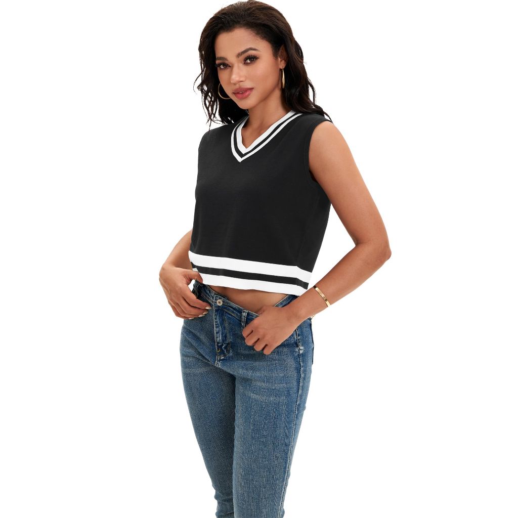 ONFERS Women's Cropped Sweater Vest V Neck Sleeveless Loose Fit Tank Tops, Large, Black White