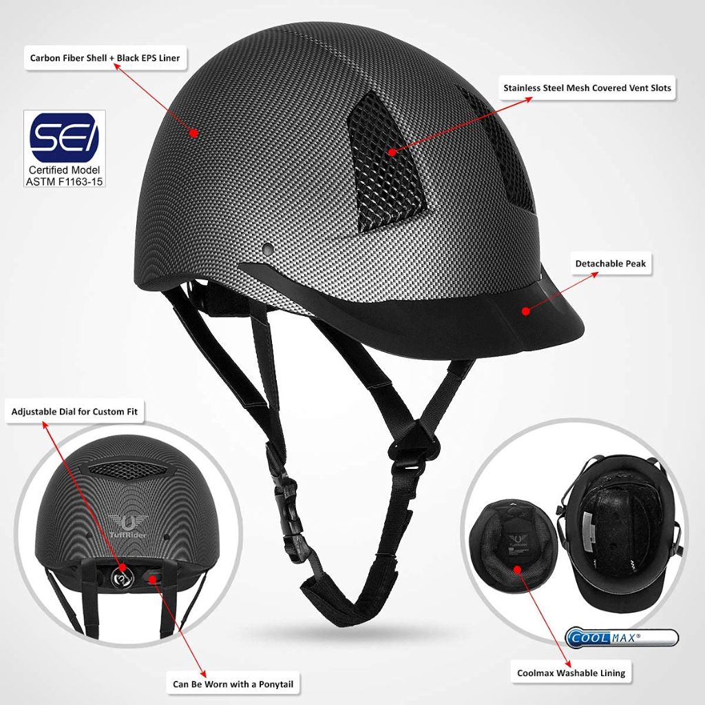 TuffRider Starter Carbon Fiber Print Horse Riding Helmet | Comfortable ABS SEI-Certified Protective Equestrian Head Gear-Black-Small