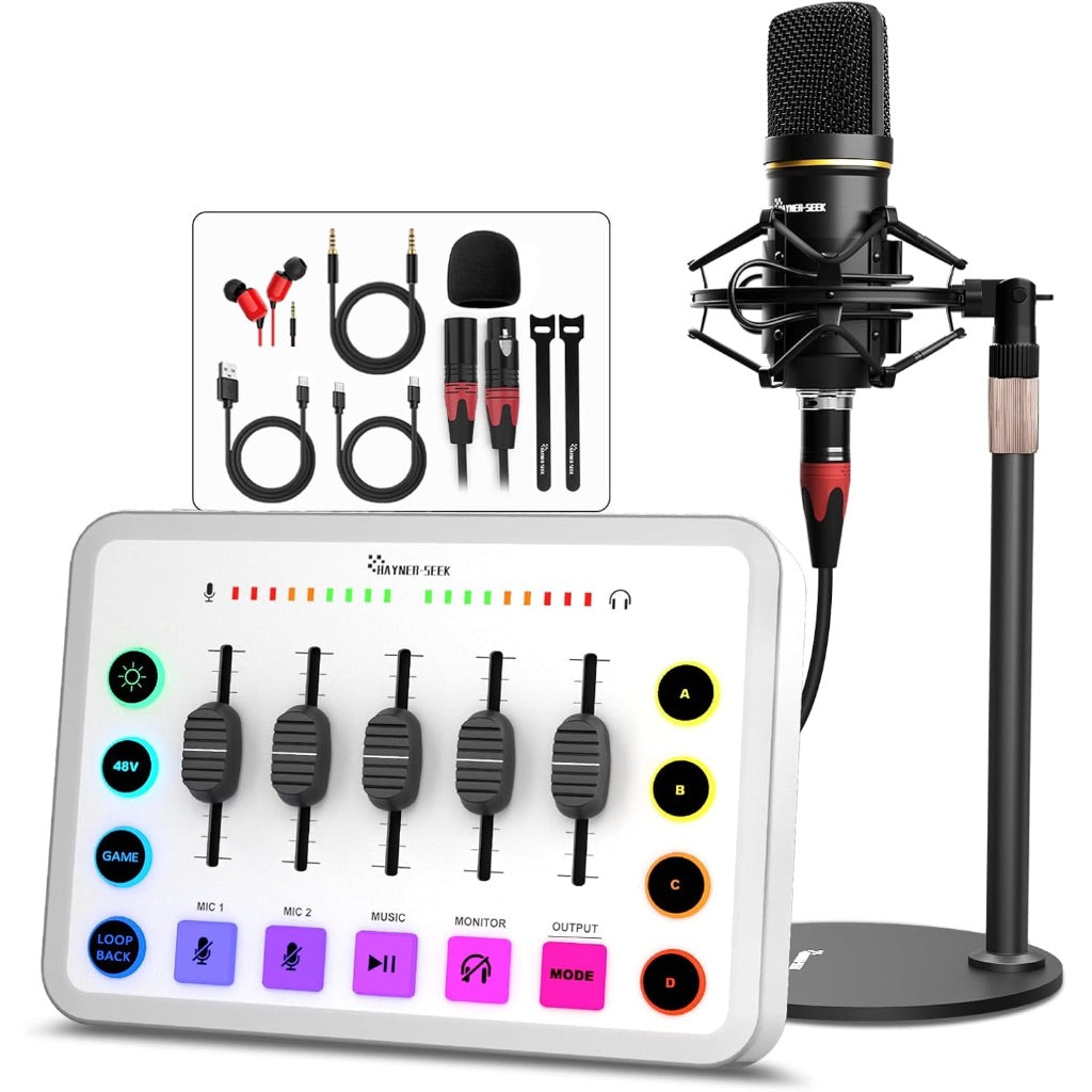 Gaming Audio Mixer Bundle, XLR Audio interface with 48V Condenser Microphone, 5-Channels, RGB