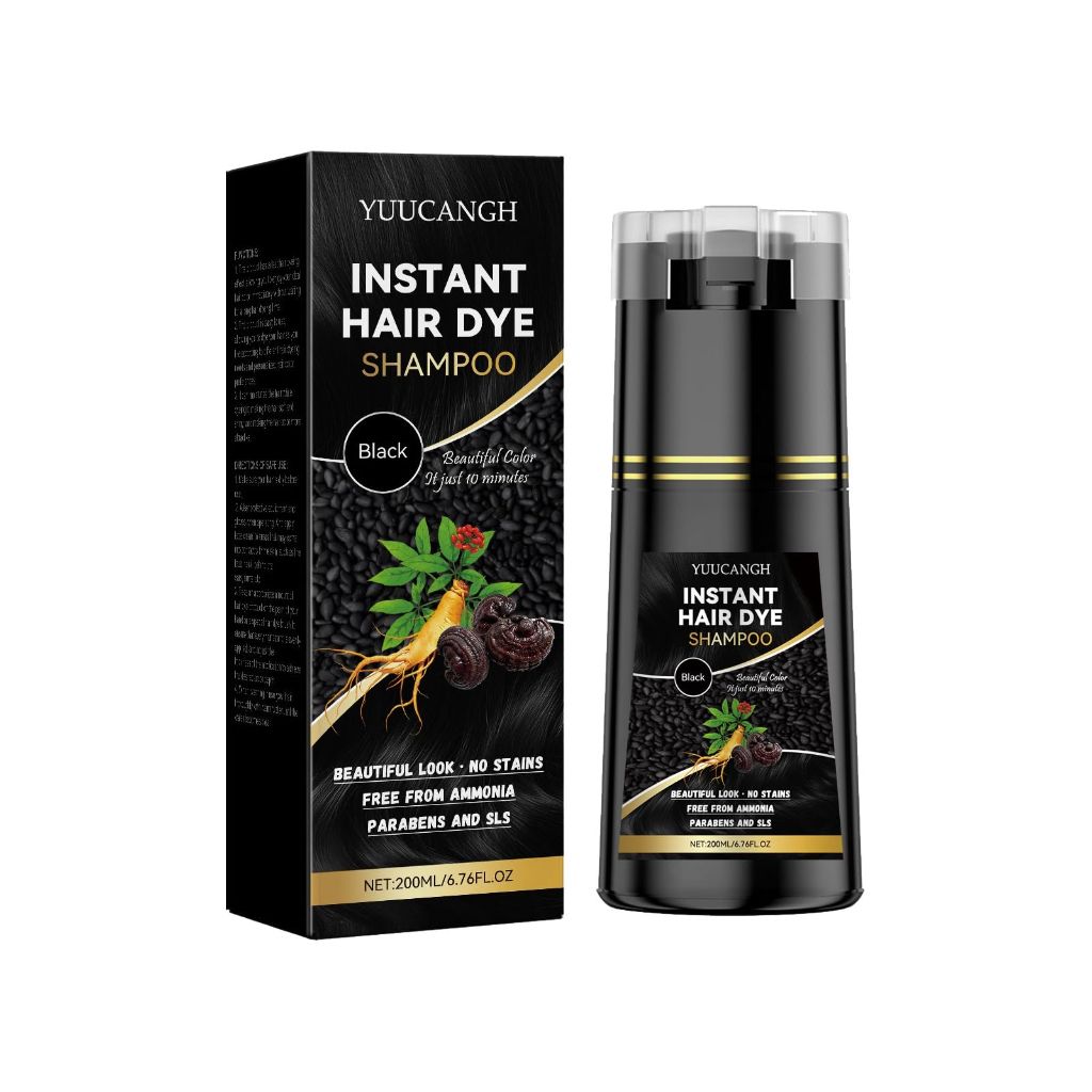 YUUCANGH Black Hair Dye Shampoo 3 in 1, Instant Natural Hair Color Shampoo for Women Men 100% Gray Hair Coverage 6.76oz