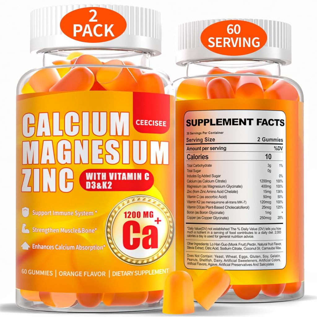 Calcium Magnesium Gummies: 1200mg Calcium Citrate Zinc Gummy with Vitamin C D3 K2 - (120Count)