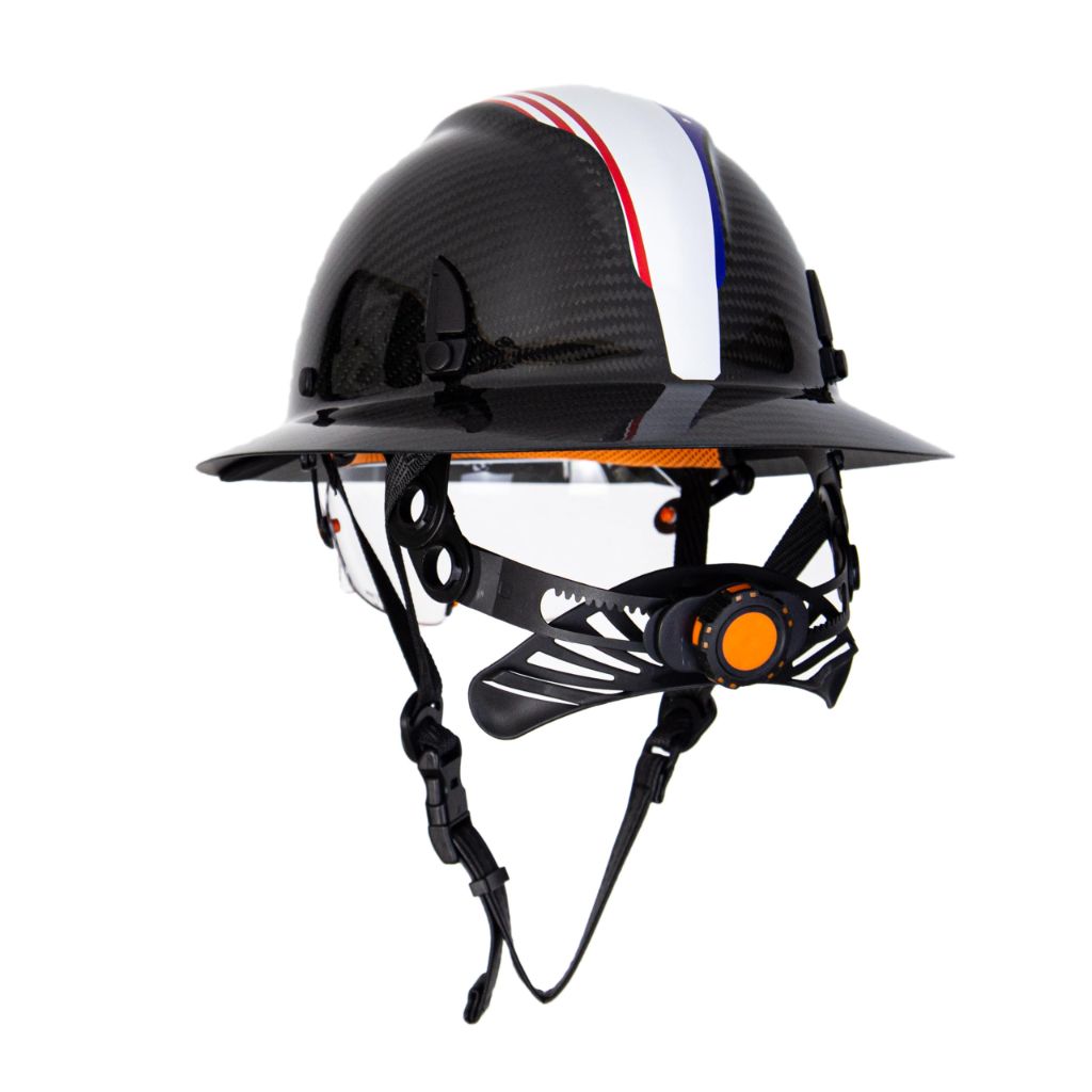 Saffas Carbon Fiber Full Brim Hard Hat Safety Helmet with Goggles and Leather Chin Strap 6-Point Suspension Adjustable Knob with Neck Protection (White)