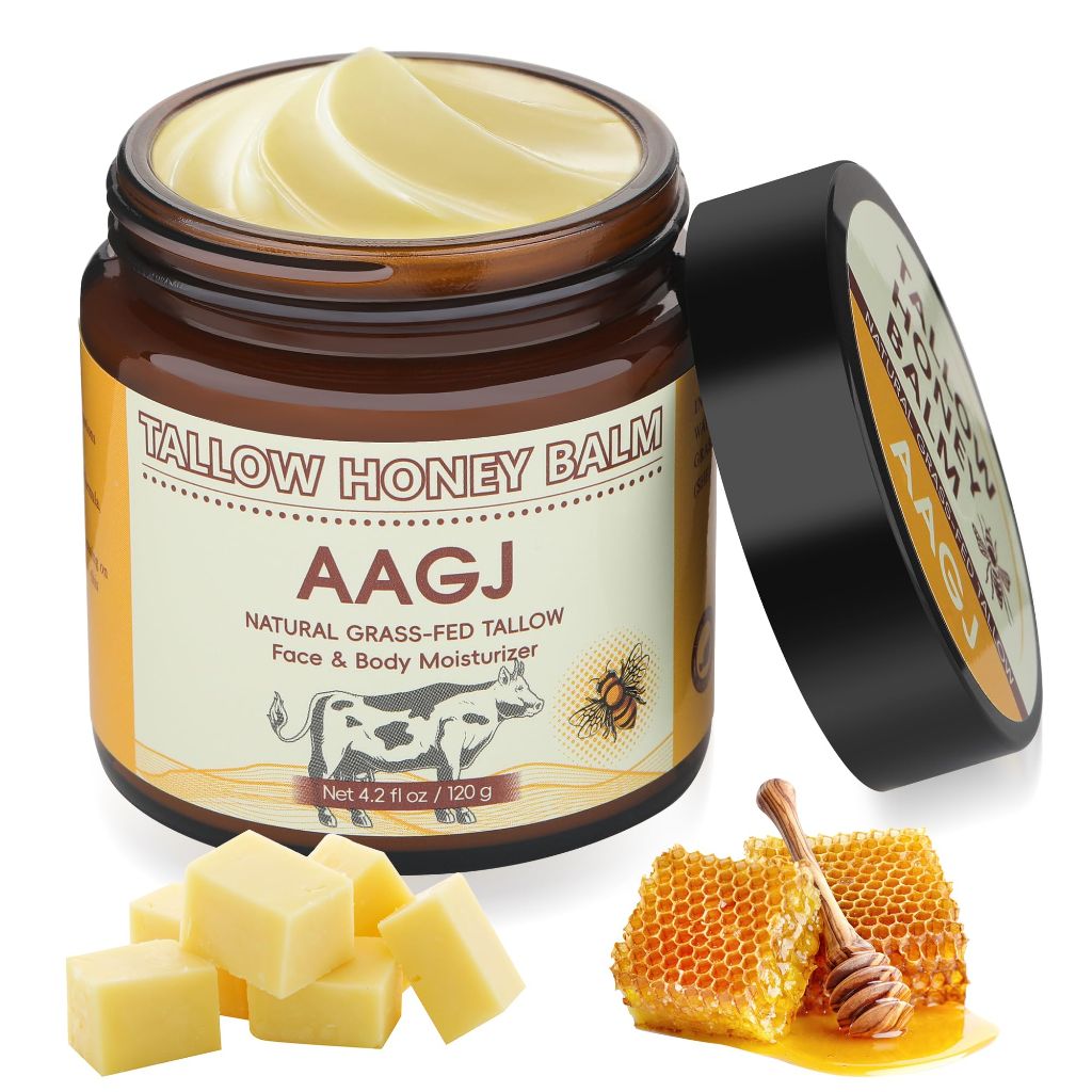 AAGJ Beef Tallow for Skin, 100% Organic Grass-Fed Beef Tallow Balm with Raw Honey - 4.2 Oz