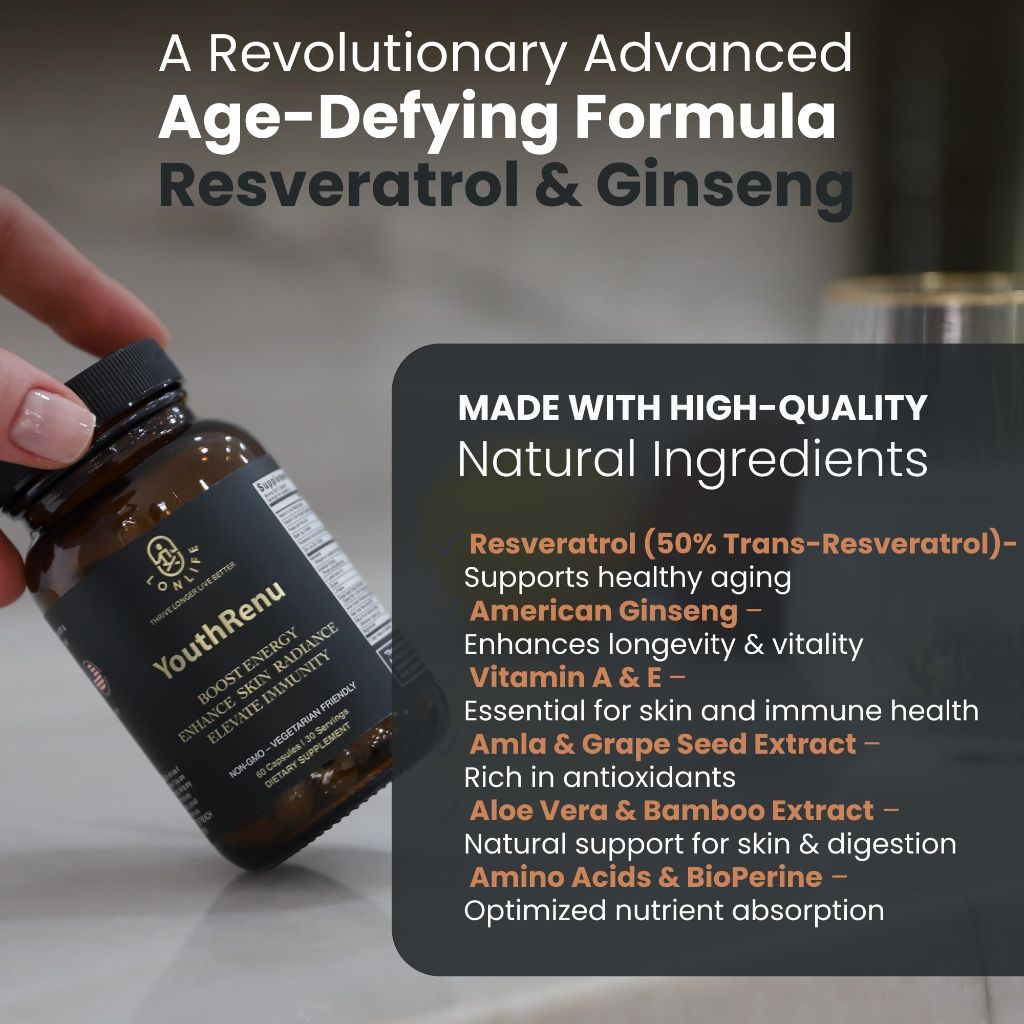 YouthRenu Premium 1200mg Resveratrol & American Ginseng Supplement - 60 Vegetarian Capsules