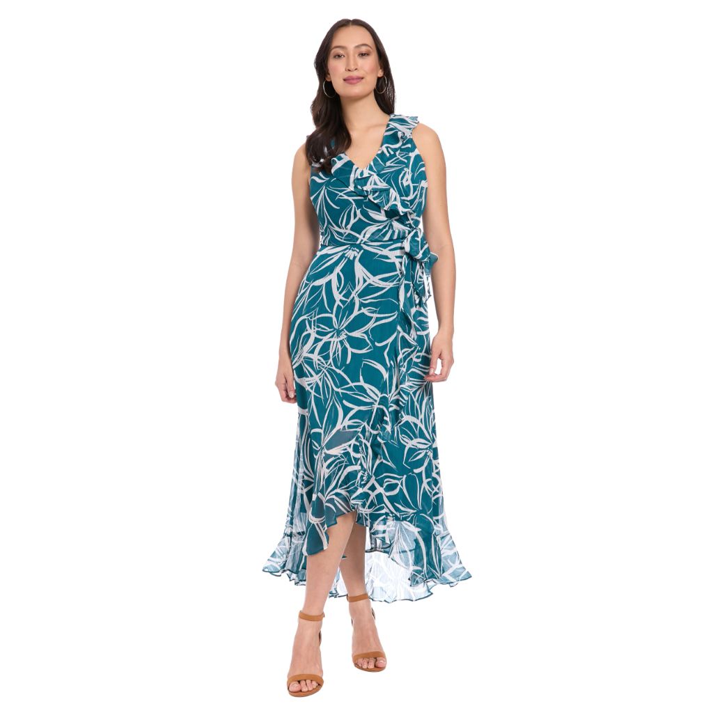 London Times Women's Dresses Sleeveless Ruffle Detail Faux Wrap Tie Midi Dress, Legion Blue/Soft White, 6
