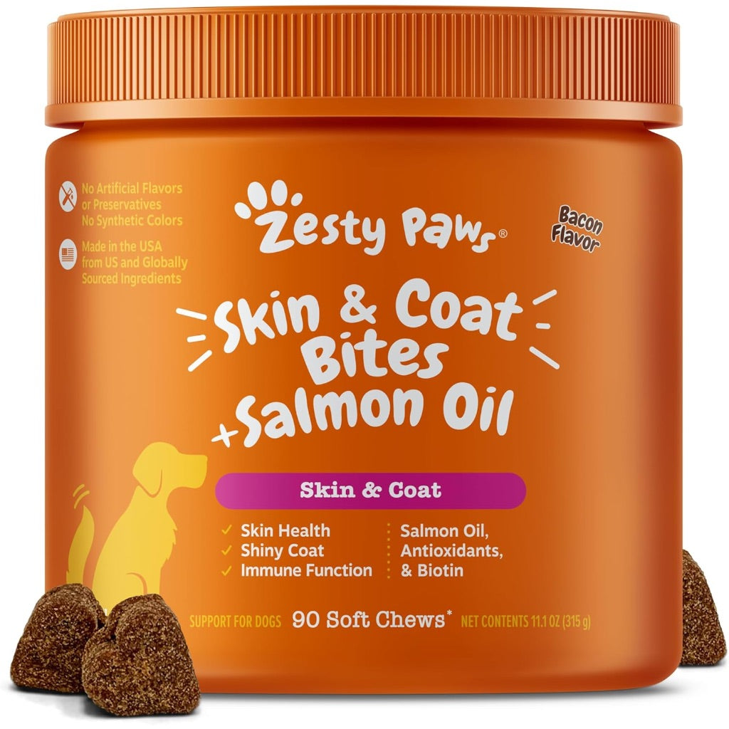 Zesty Paws Salmon Oil for Dog Skin and Coat Health, Itch/Allergy Relief Chews - 90 Count, Bacon