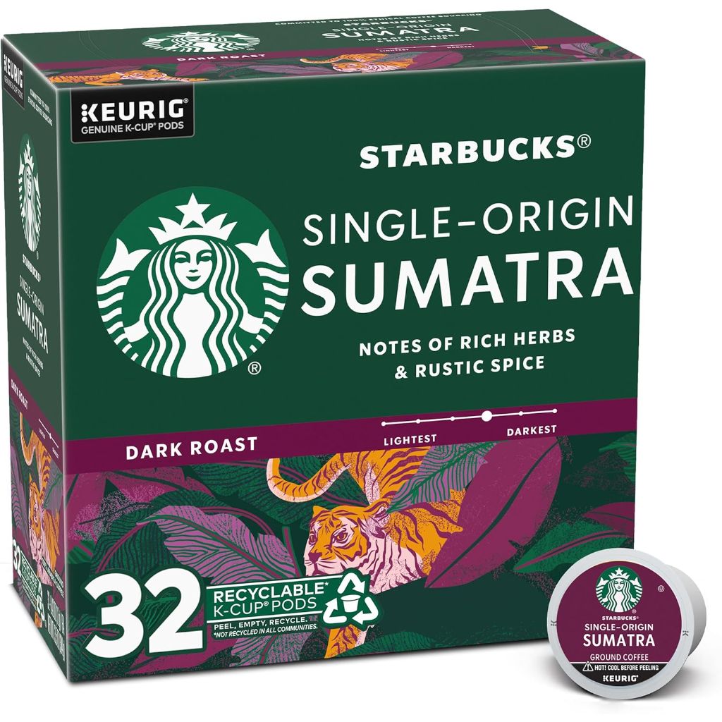Starbucks Single-Origin Sumatra Dark Roast Keurig K-Cup Coffee Pods, 32 Count