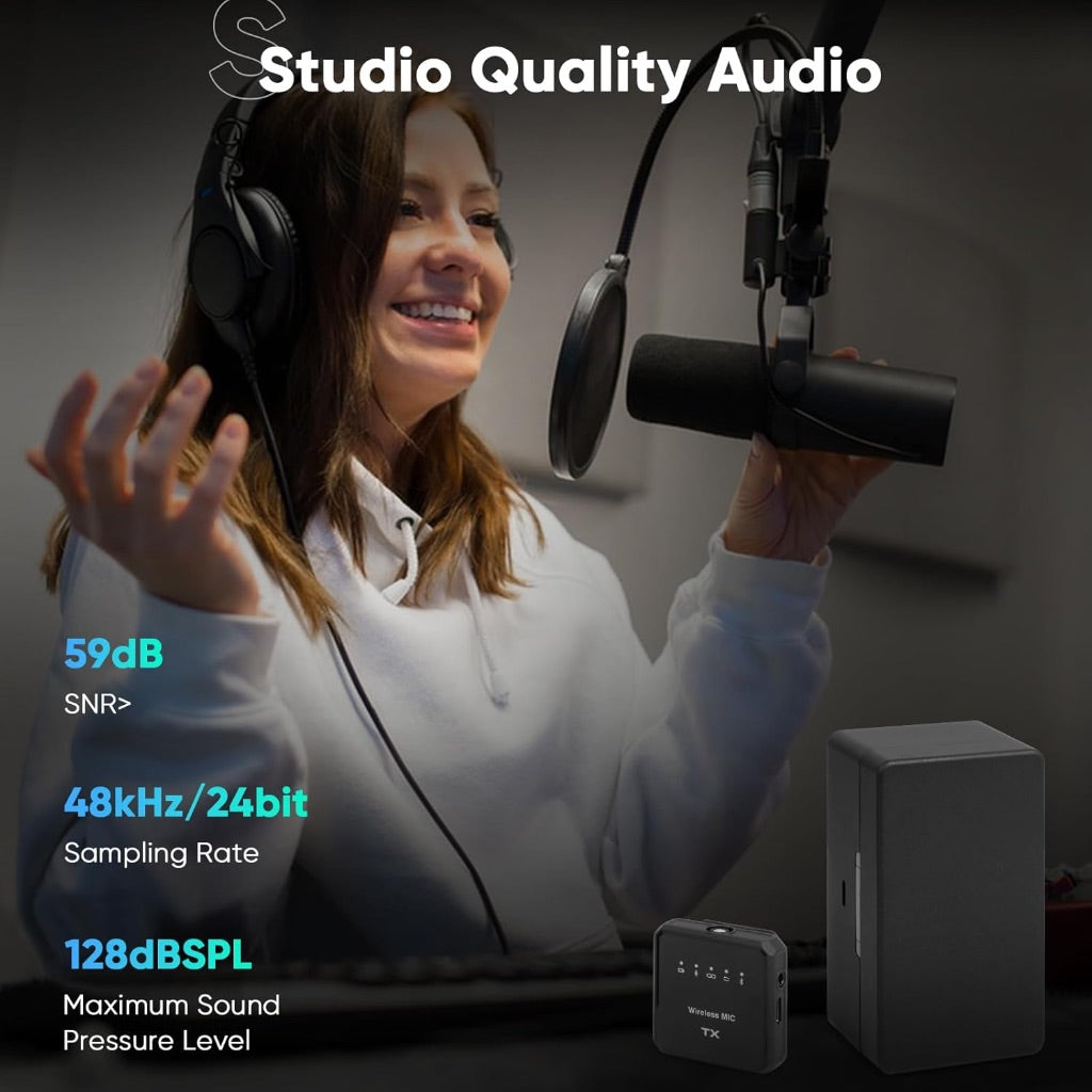 Wireless Lavalier Microphone, 100m Range, Bluetooth, 24-Hour Battery, Noise Cancellation