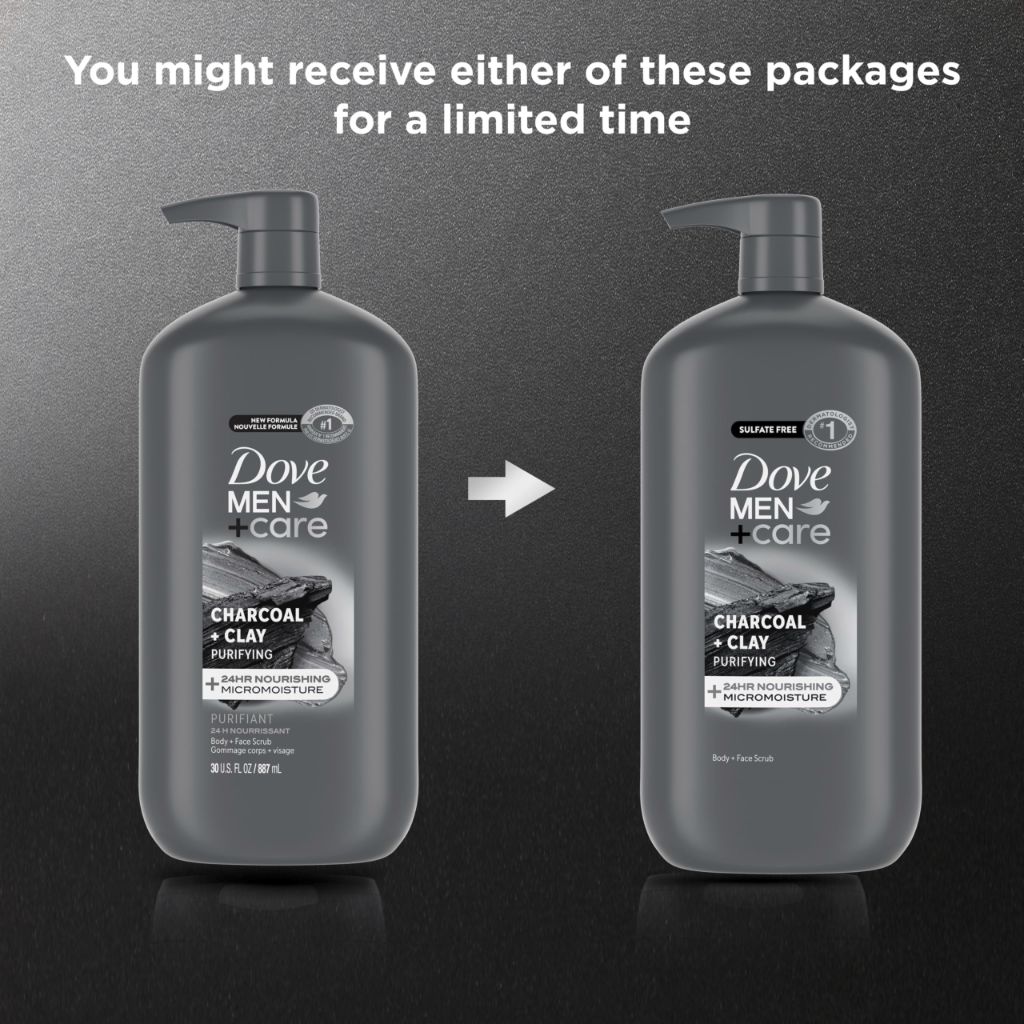 DOVE MEN + CARE Body and Face Scrub Charcoal + Clay Body Wash, 30 oz