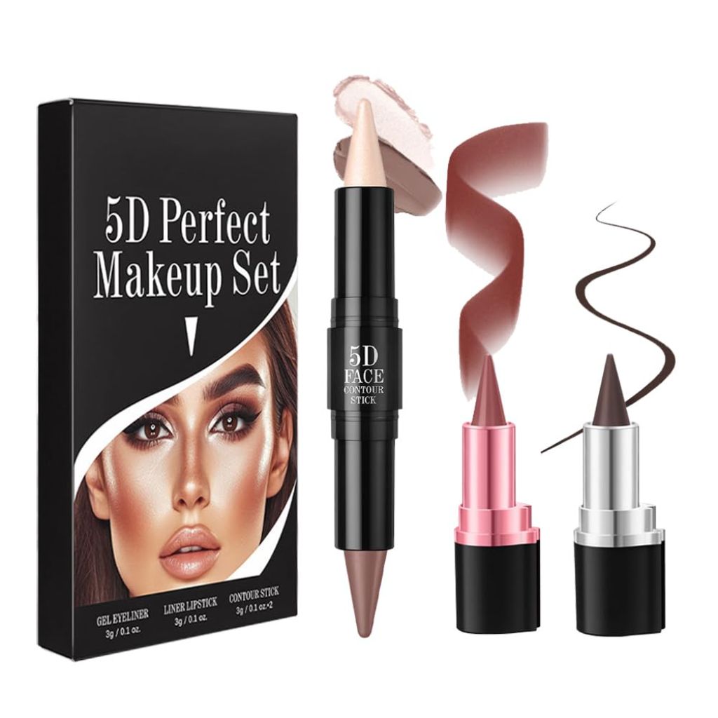 3Pcs Multi-Purpose Makeup Kit: Waterproof Lip Liner Lipstick + Dual-Ended Contour Stick , Set 03   0.1oz