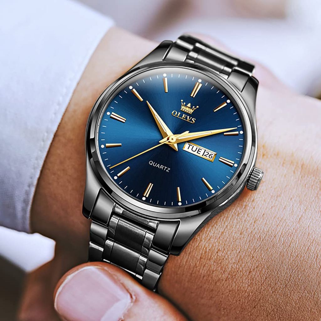 OLEVS Men's Stainless Steel Waterproof Analog Quartz Wrist Watch - Black Band, Deep Blue Face