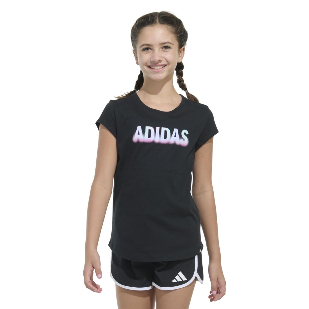 Adidas Girls' Cap Sleeve Graphic Tee Shirt, Black/Mulit, Medium