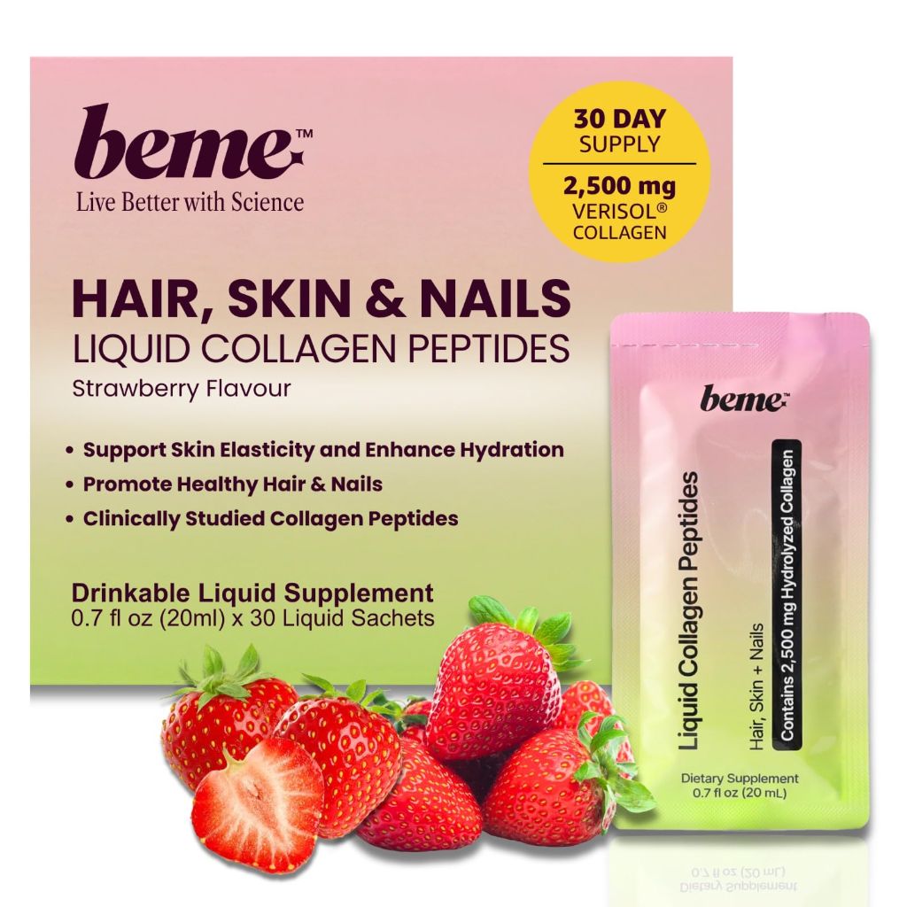 BeMe Liquid Collagen for Women — 2,500mg Hydrolyzed Bovine VERISOL Collagen Peptides Drink — Strawberry, 30 Sachets