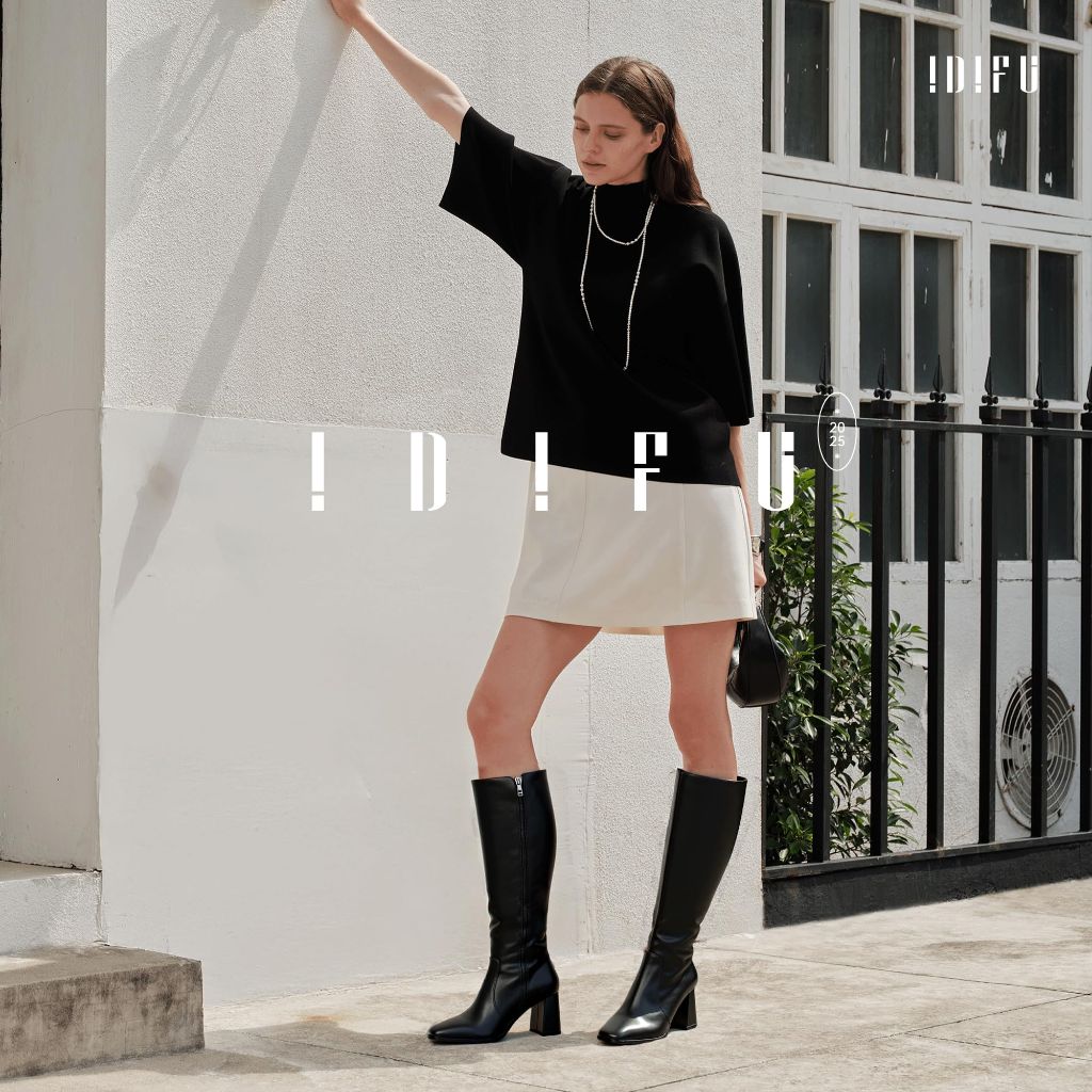 IDIFU Black Boots for Women Knee High Square Toe GoGo Chunky High Heeled Boot (New Black Pu, 9.5)