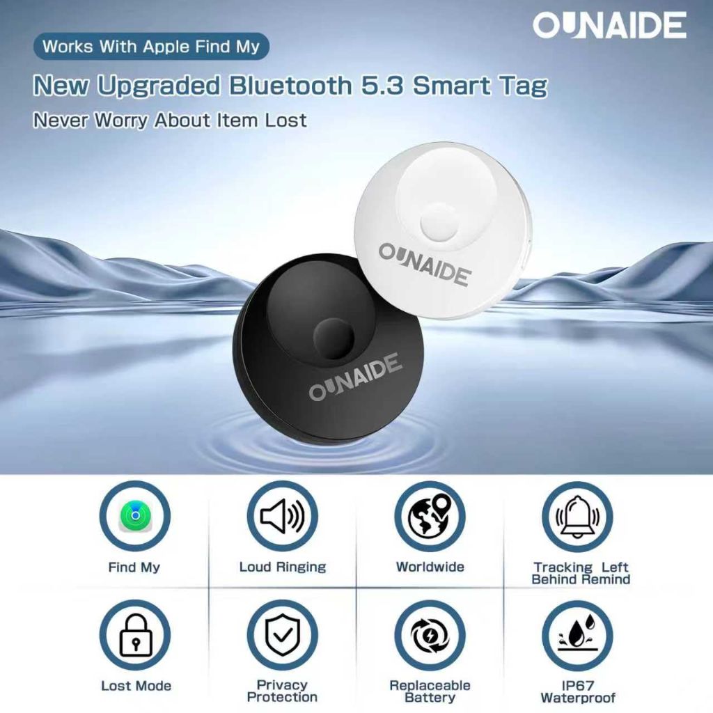 OUNAIDE Mini Smart Tag Tracker for Apple Find My (iOS Only) - 2 Pack (Black & White)