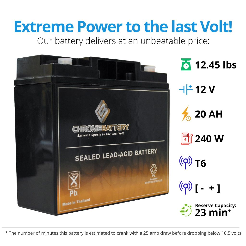 CB CHROMEBATTERY 12V 20AH T6 Maintenance-Free Battery for Alarm Systems, Scooters, Toys, Emergency Lights, and More - Threaded (T6) Terminal
