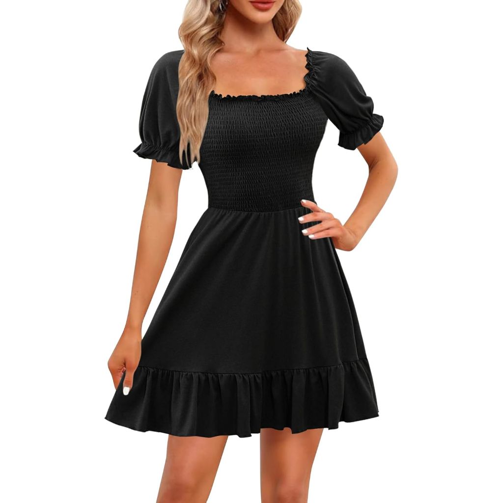 Women's Summer Puff Short Sleeve Mini Dress with Ruffled Neckline - Black, Size L