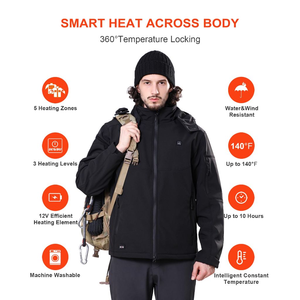 DEWBU Soft Shell Heated Jacket for Men with 12V Battery Pack and Detachable Hood Outdoor Electric Heating Coat, Black, 2XL