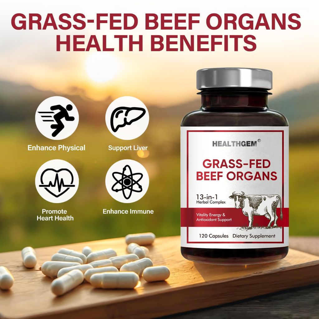 HEALTHGEM Beef Organs Supplement, Grass Fed Beef Liver, Kidney, Heart, Pancreas, Lung, Spleen, Bone, Total Body Wellness & Performance, Non-GMO, Gluten-Free, 120 Count