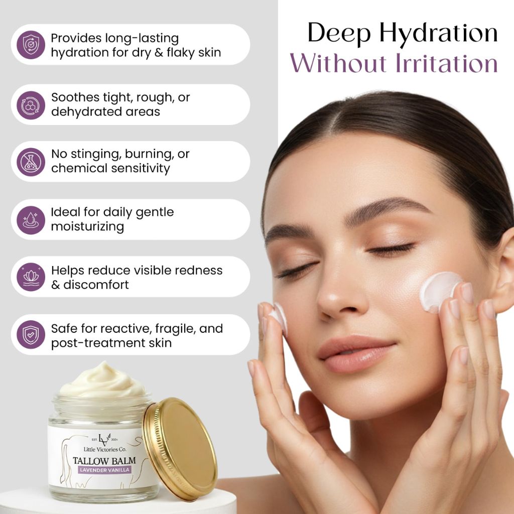 Organic Beef Tallow for Skin - 2.0 Fl. oz Grass Fed Beef Tallow and Honey Balm for Face + Body - Lavender Vanilla