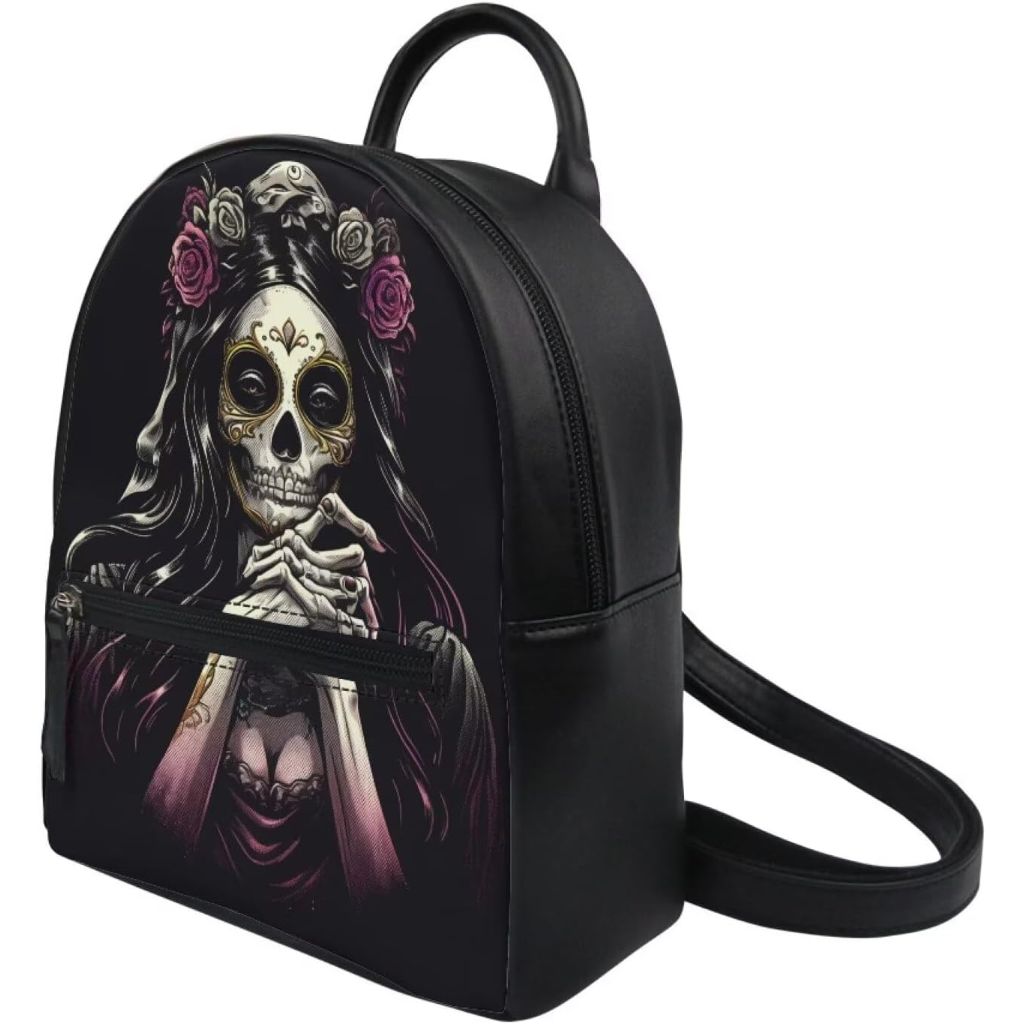 Backpack for Women Small Backpack Cute Holiday Backpack for Travel Hiking Lightweight Zipper Bag PU leather Shoulder Bag, Roses Skull Print