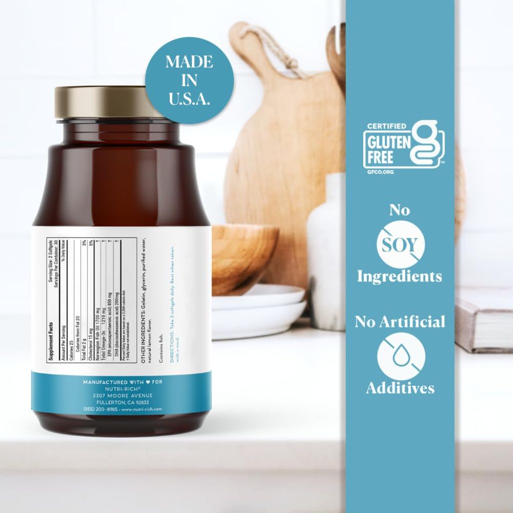 Nutri-Rich Omega-3 Fish Oil 1210mg, EPA & DHA for Heart, Brain & Joint Health, Lemon Flavor - 60 Softgels
