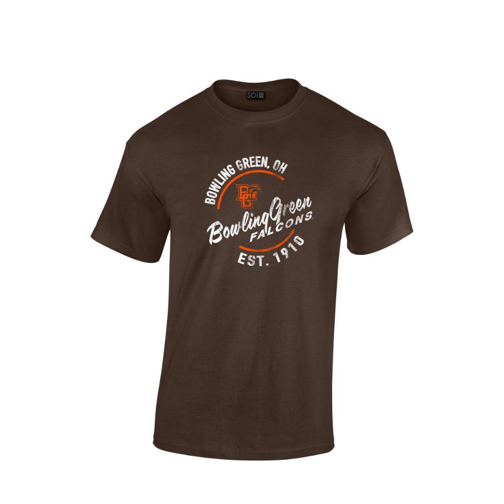 Bowling Green Falcons 100% Cotton Short Sleeve Tee, Vintage Script Design, Brown, Medium