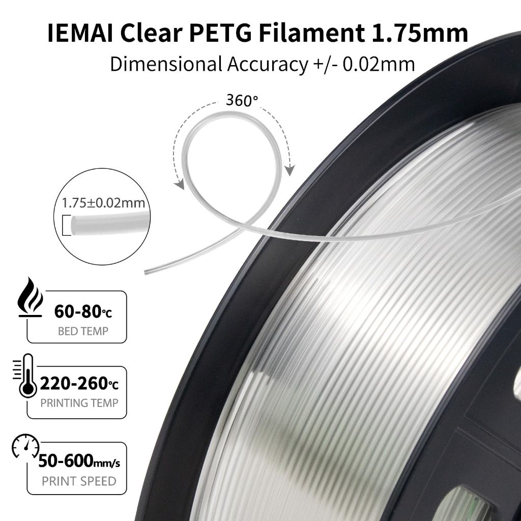IEMAI Clear PETG Filament 1.75mm 1kg, Crystal Transparent 3D Printer Filament Up to 600mm/s