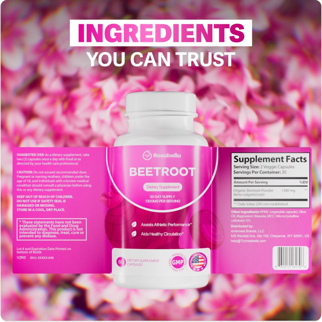 Rosabella Organic Beet Root Capsules - 1300mg Beet Root Powder Aids Healthy Circulation & Vitality, - 60 Capsules, 30-Day Supply