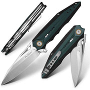 Turenz Folding Pocket Knife with 3.7in VG10Steel Blade, G10 Handle, Liner Lock, Titanium Clip, Green