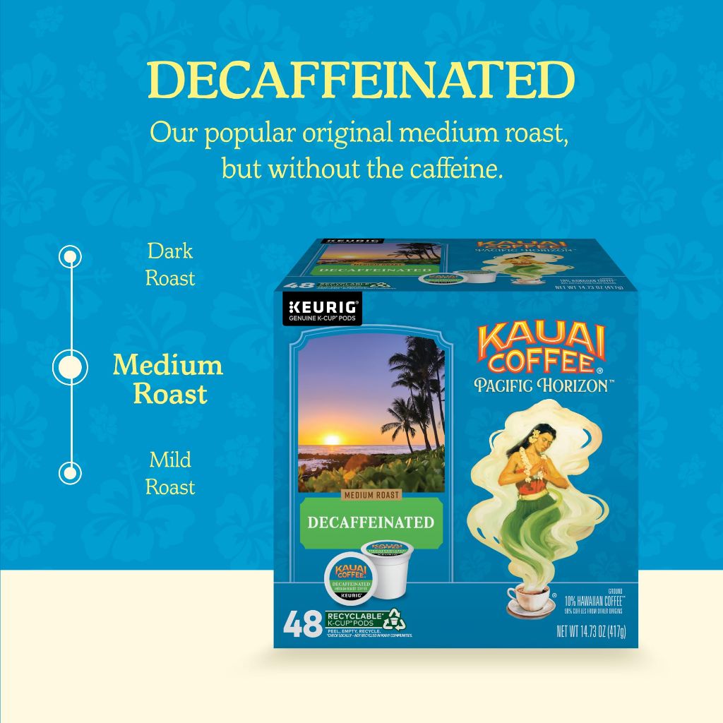Kauai Coffee K-Cup Pods for Keurig Brewers – Arabica Coffee, 10% Hawaiian – Medium Roast, Bright Aroma with Floral Notes – Decaf, 1 Pack of 48 Single Serve K-Cups