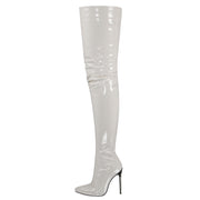 Women's Patent Leather Thigh High Boots - Stiletto Side Zipper - White - Size 10