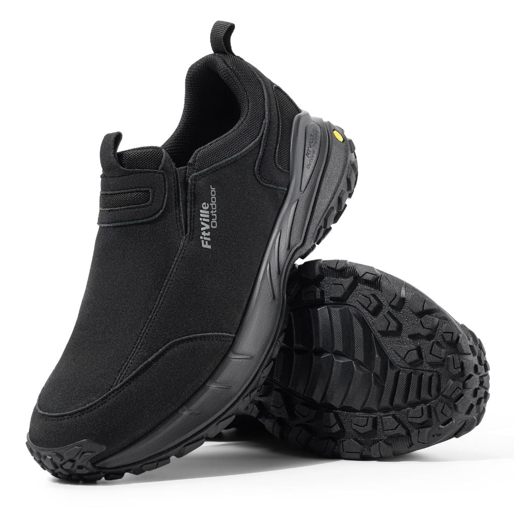 FitVille Hiking Walking Shoes for Men with Arch Support | Slip Resistant Trekking Loafer - Wide Toe Box (Black, 10 X-Wide)