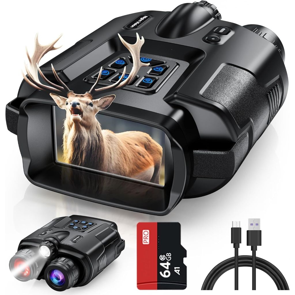 4K Night Vision Binoculars 8X Zoom/2000FT IR/5000mAh, 3'' HD Screen, 64GB TF Card, IP65 Waterproof & Tactical Light