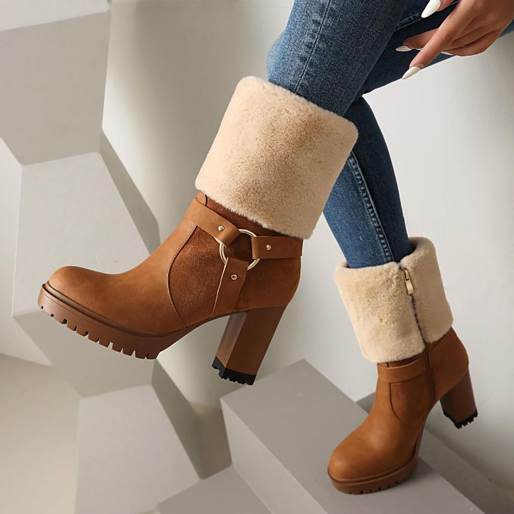 UTIKLIOU Women's Ankle Platform Boots, Brown, SZ 7.5